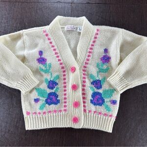 Just Friends Cream Knit Floral Cardigan Sweater with Pink Buttons Sz 8